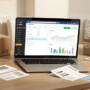 Laptop dashboard with fulfillment boxes and workflow overlays representing Amazon seller automation