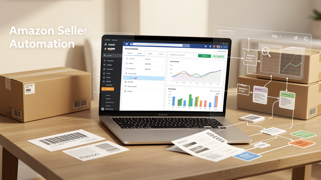 Laptop dashboard with fulfillment boxes and workflow overlays representing Amazon seller automation