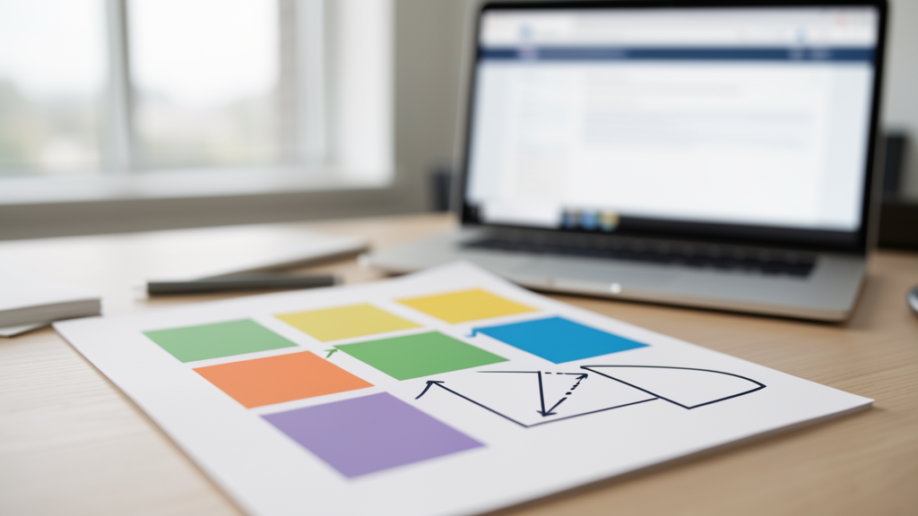 Conversion planning sheet with colored content blocks and funnel arrows