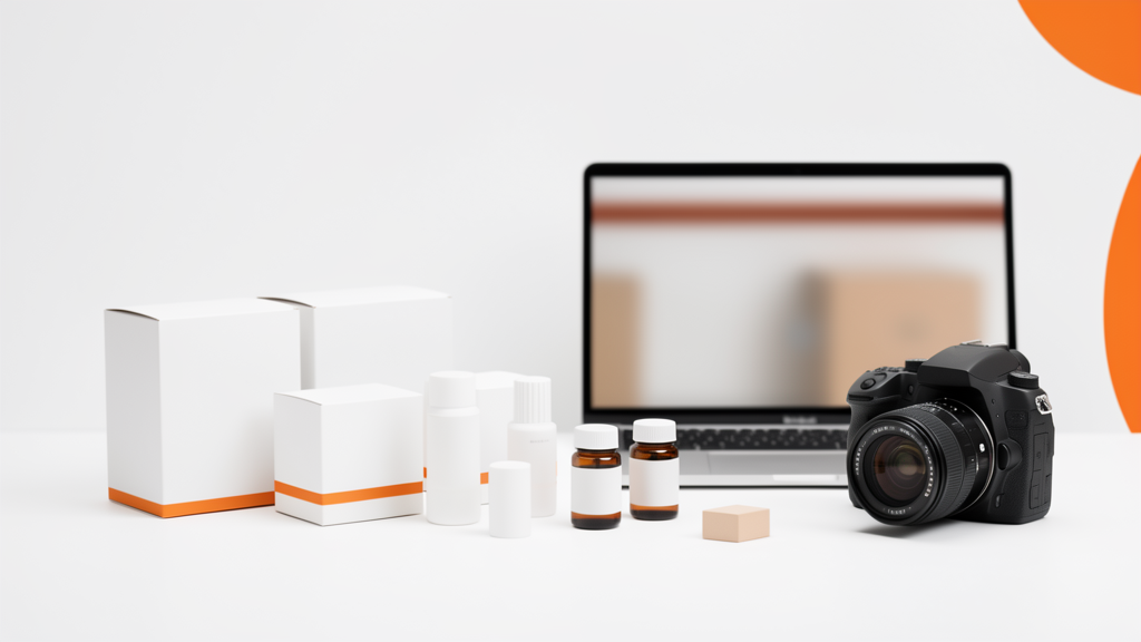 Blank product packaging, camera, and ecommerce setup workspace for digital store optimization