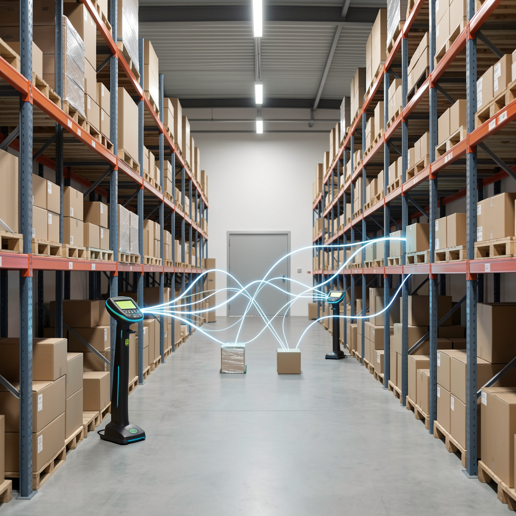 Warehouse shelves with connected parcels representing inventory synchronization