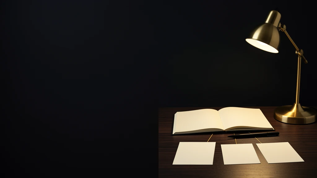 Blank consultation notebook and workflow cards under a warm desk lamp