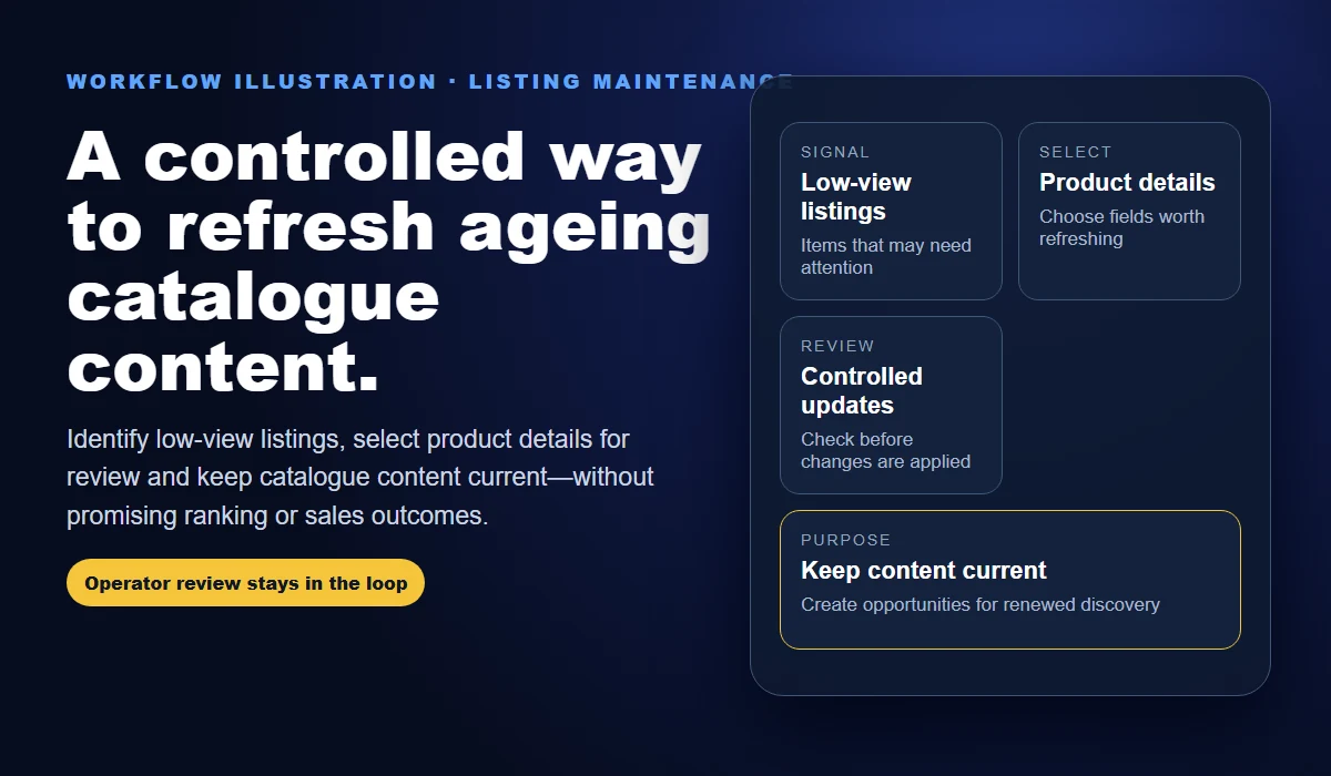Illustrated workflow for identifying low-view listings and reviewing selected product details